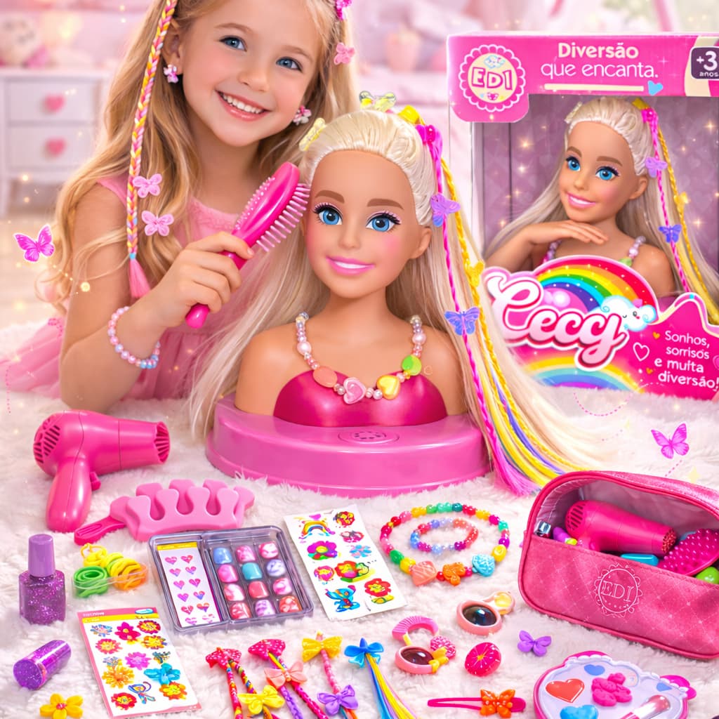 Boneca Busto Fala Frases + Kit Maquiagem Esmalte Adesivo acessórios escova Cabelo secador Brinquedos