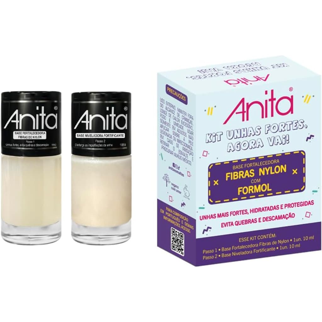 Kit 2 Esmaltes Anita Unhas Fortes Agora Vai Base Tratamento Com Formol e Fibra Nylon