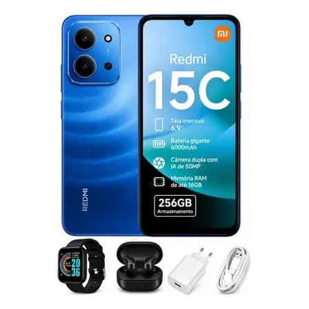 Xiaomi Redmi 15c 256gb 16gb Ram Original + Fone + Relogio Azul