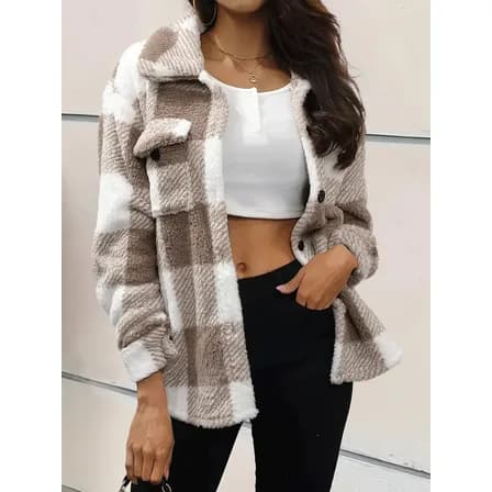 Jaqueta Camisa Peluciada Feminina Casual Inverno Bege 2xl Xadrez