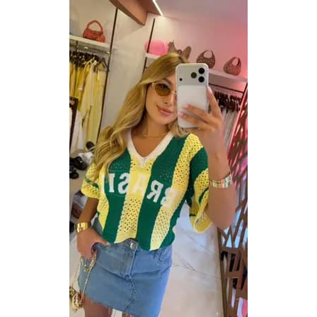 Blusa Cropped Tricô Modal Manga Larga Copa Brasil Feminina Verde E Amarelo Listras Único