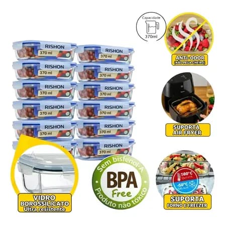 Kit 10 Pote De Vidro Marmita Hermético 370ml Freezer Fitness Rishon Transparente