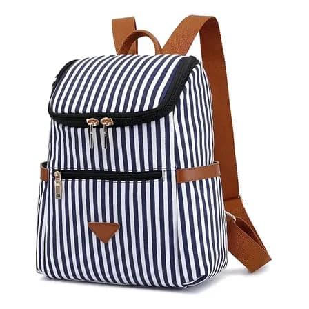Mochila Feminina Pequena Zafin Resistente Listrada Detalhe Couro Cor Azul E Branco Desenho Do Tecido Listrado Listras