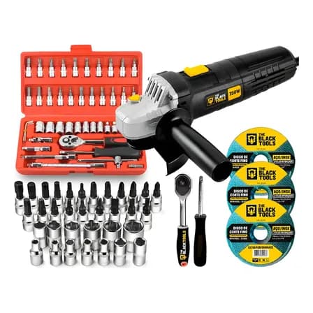 Esmerilhadeira Lixadeira Angular 4.1/2  750w C/ Discos De Corte Fino + Kit De Ferramentas 46 Peças The Black Tools Preto 127v
