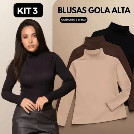 Kit 3 Blusas Feminina Cacharrel Gola Alta Manga Longa Casual Preto, Marrom E Nude M/g (36/42)