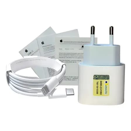 Fonte Carregador Apple 20w + Cabo Lightning / Tipo C 1 Metro Branco